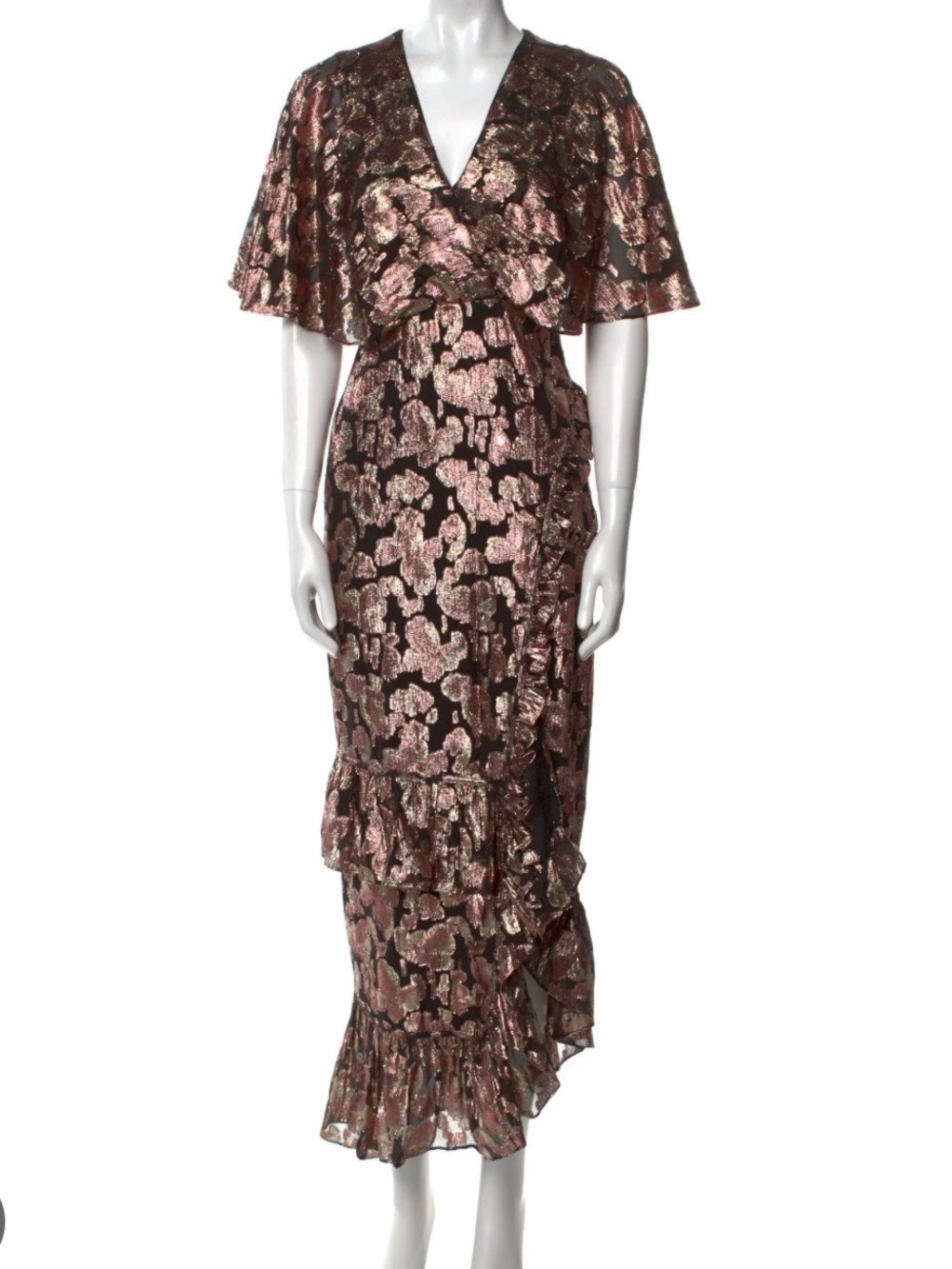 Saloni Metallic Floral Maxi Dress with Ruffle Details